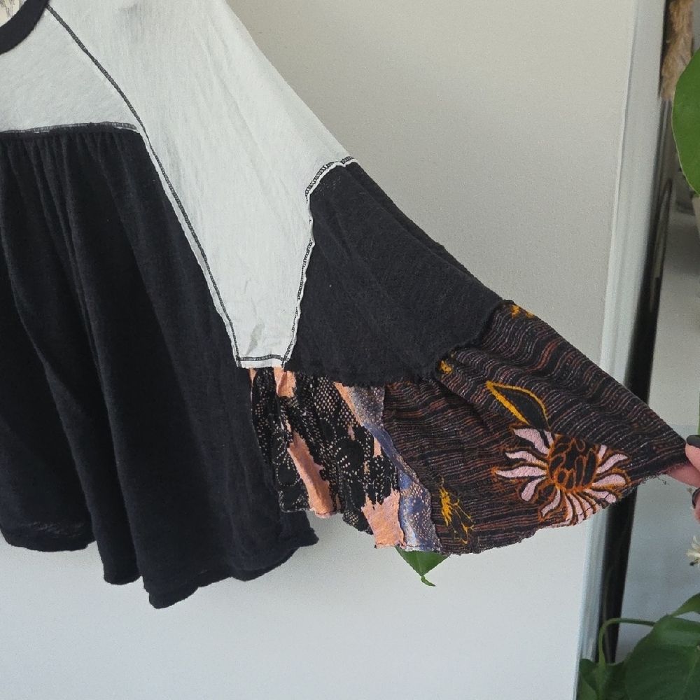 Free People Black and White Long Sleeve Top with Floral Sleeves - Picture 2 of 6